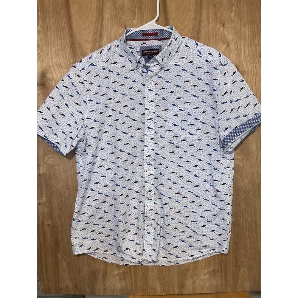 Johnston Murphy Men’s Large Shirt White Blue Geometric Shark Print Short Sleeve - Picture 2 of 11